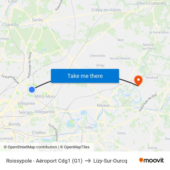 Roissypole - Aéroport Cdg1 (G1) to Lizy-Sur-Ourcq map