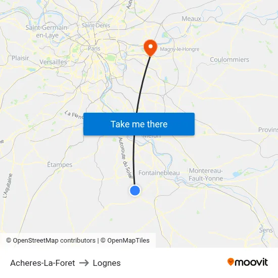 Acheres-La-Foret to Lognes map