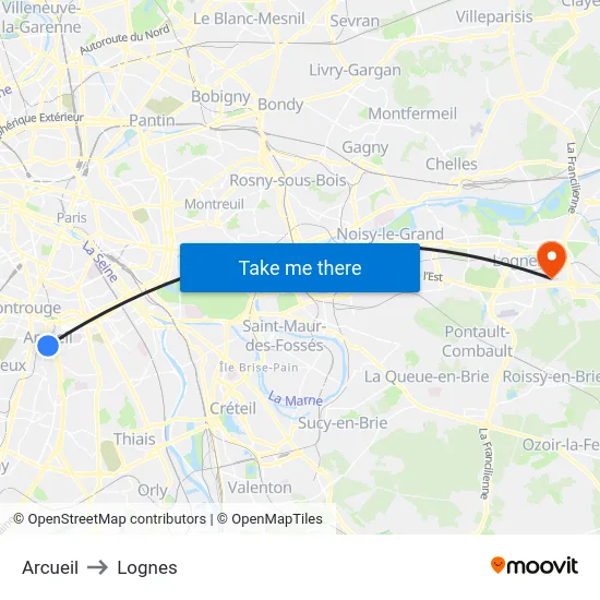 Arcueil to Lognes map