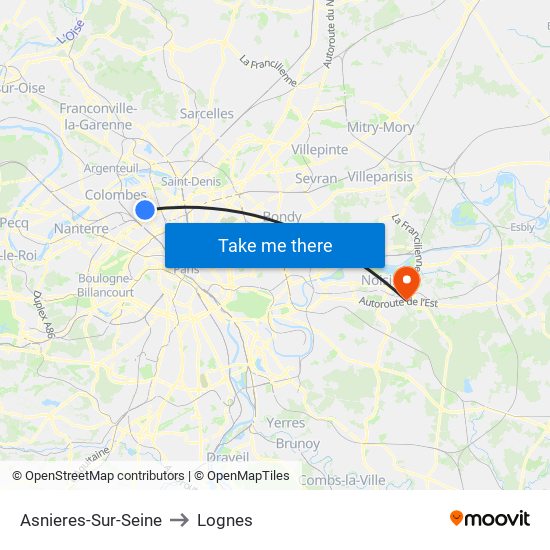Asnieres-Sur-Seine to Lognes map