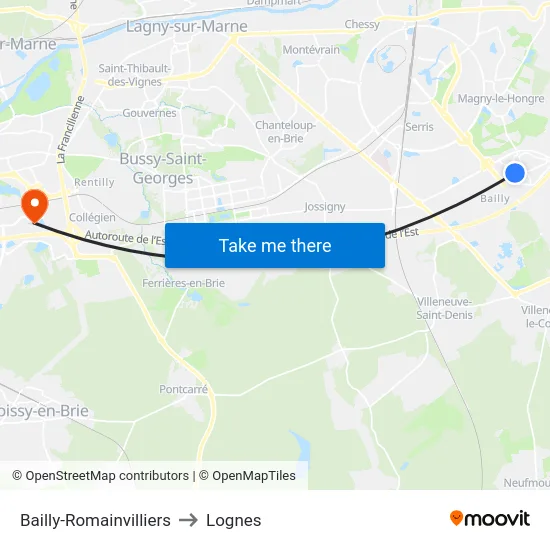 Bailly-Romainvilliers to Lognes map
