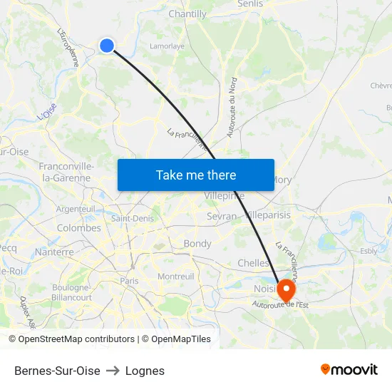 Bernes-Sur-Oise to Lognes map