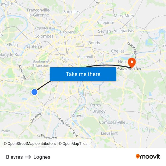 Bievres to Lognes map