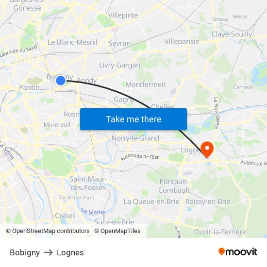 Bobigny to Lognes map