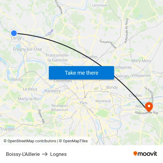 Boissy-L'Aillerie to Lognes map