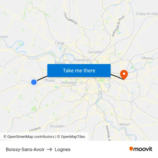 Boissy-Sans-Avoir to Lognes map