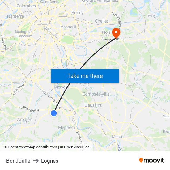 Bondoufle to Lognes map