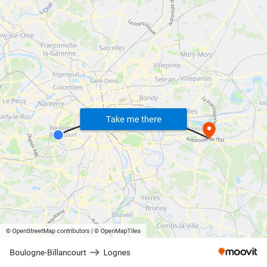Boulogne-Billancourt to Lognes map