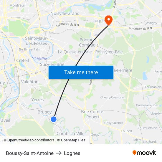Boussy-Saint-Antoine to Lognes map