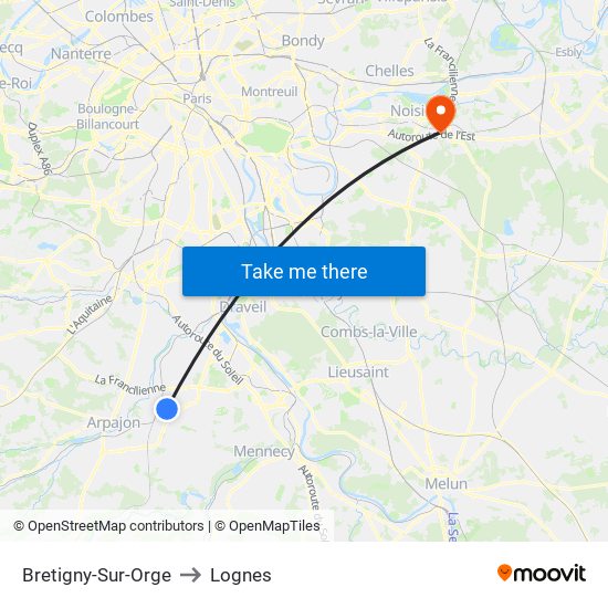 Bretigny-Sur-Orge to Lognes map