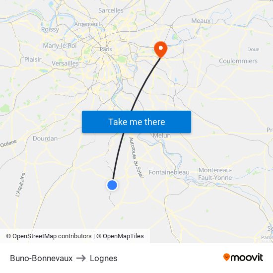 Buno-Bonnevaux to Lognes map