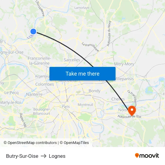 Butry-Sur-Oise to Lognes map