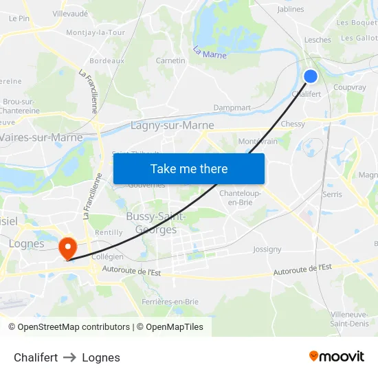 Chalifert to Lognes map