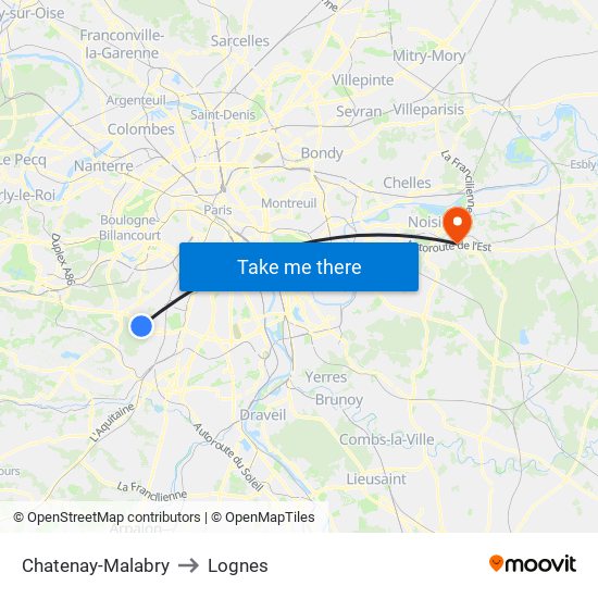 Chatenay-Malabry to Lognes map