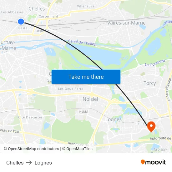 Chelles to Lognes map