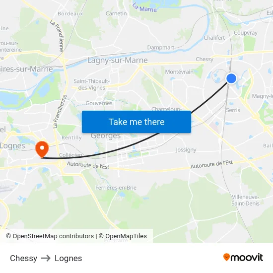 Chessy to Lognes map