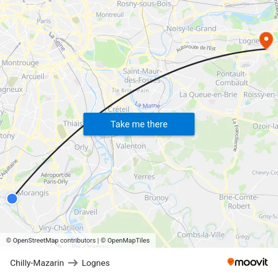 Chilly-Mazarin to Lognes map