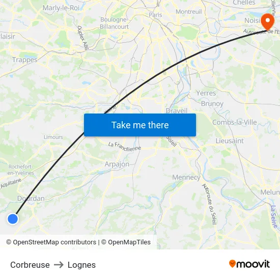 Corbreuse to Lognes map