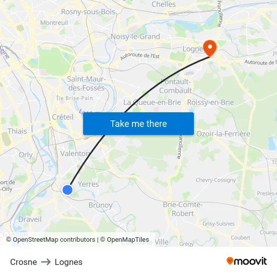 Crosne to Lognes map