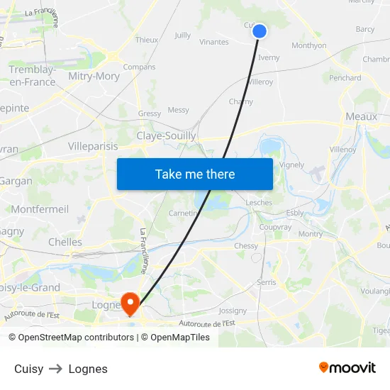 Cuisy to Lognes map
