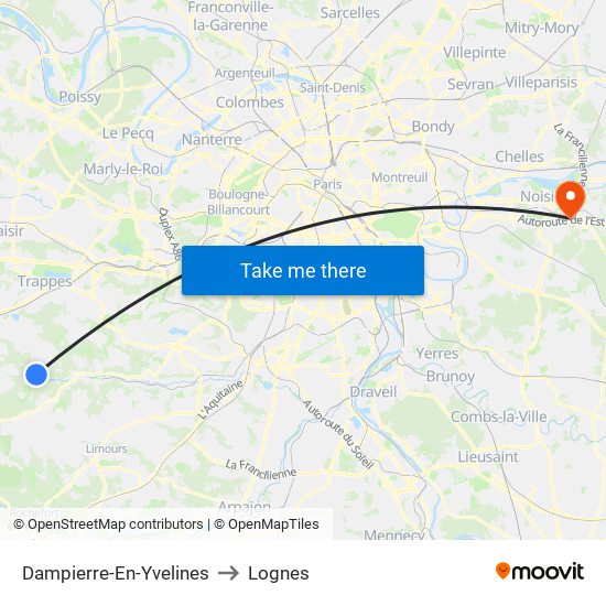 Dampierre-En-Yvelines to Lognes map