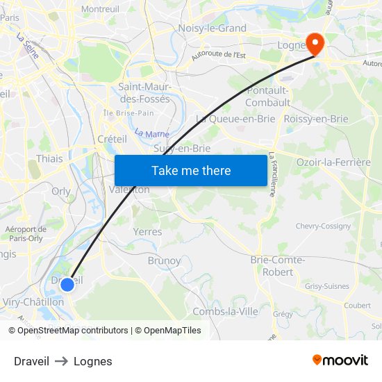 Draveil to Lognes map