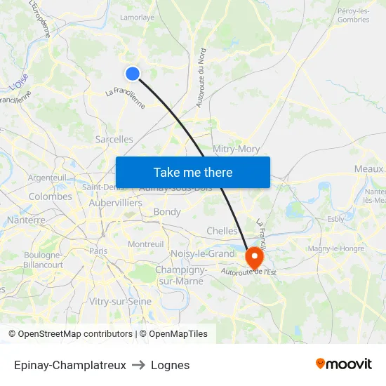 Epinay-Champlatreux to Lognes map