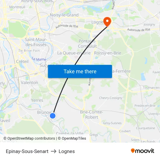 Epinay-Sous-Senart to Lognes map