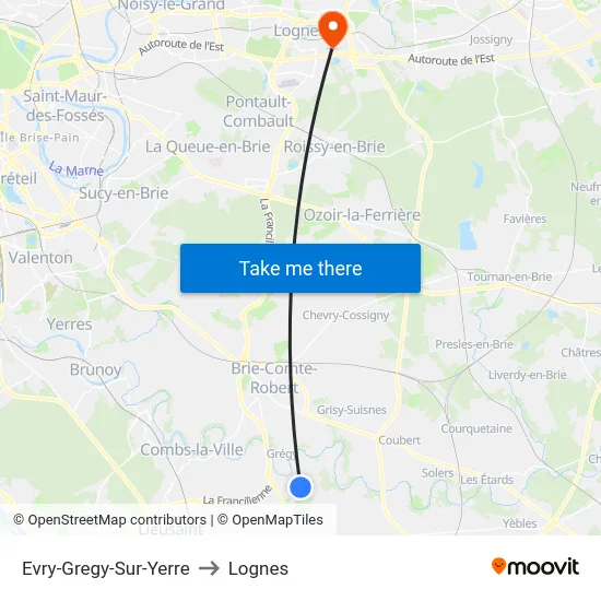 Evry-Gregy-Sur-Yerre to Lognes map