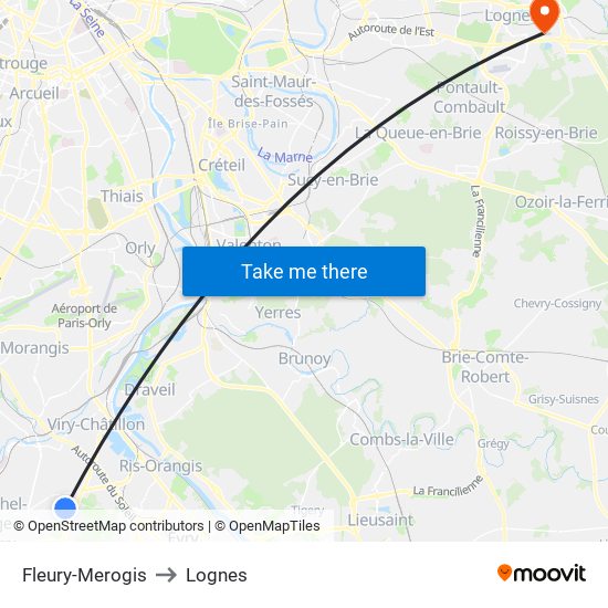 Fleury-Merogis to Lognes map