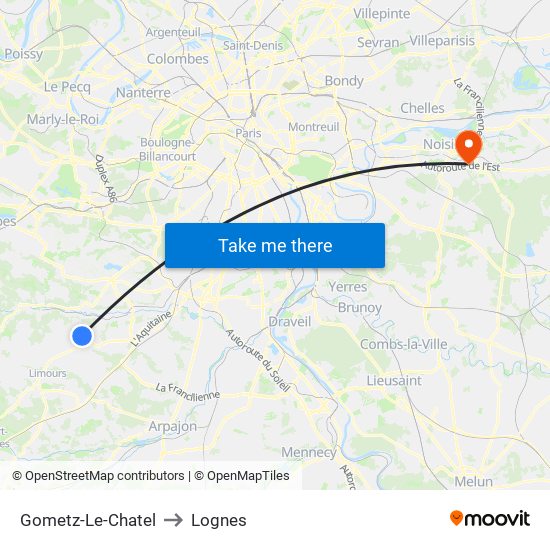 Gometz-Le-Chatel to Lognes map