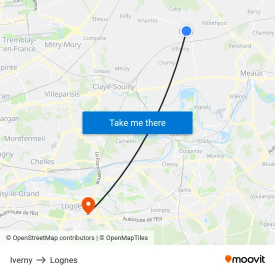 Iverny to Lognes map