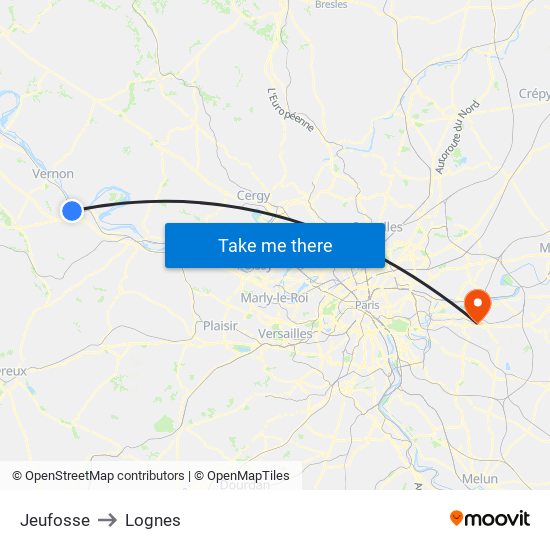 Jeufosse to Lognes map