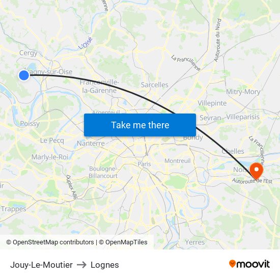 Jouy-Le-Moutier to Lognes map