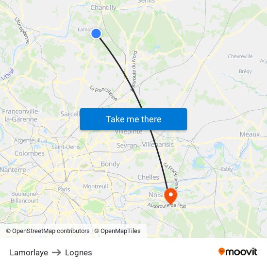 Lamorlaye to Lognes map