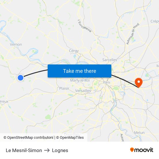 Le Mesnil-Simon to Lognes map