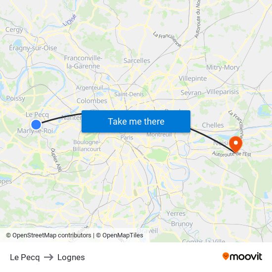 Le Pecq to Lognes map
