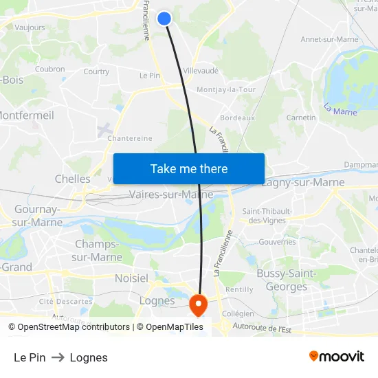 Le Pin to Lognes map