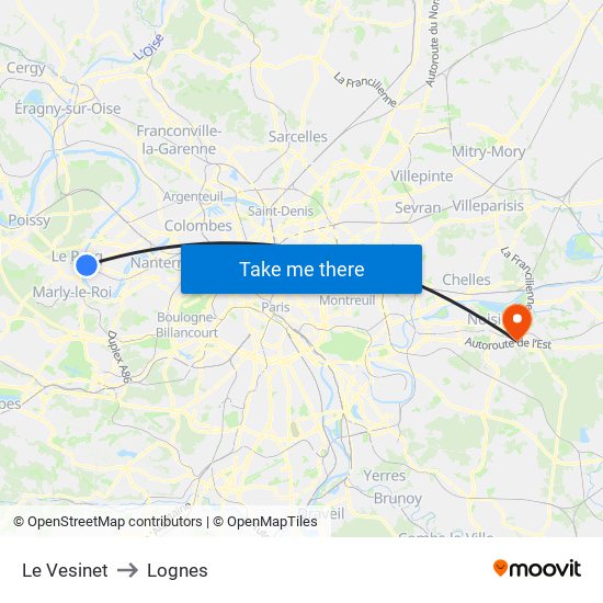 Le Vesinet to Lognes map