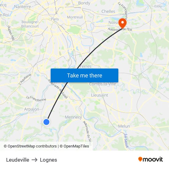 Leudeville to Lognes map