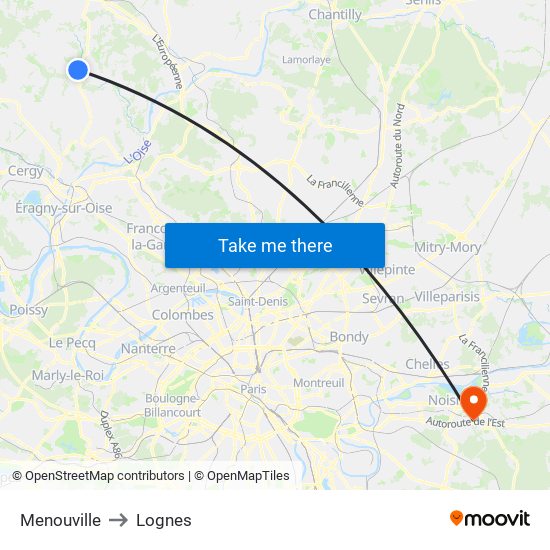 Menouville to Lognes map