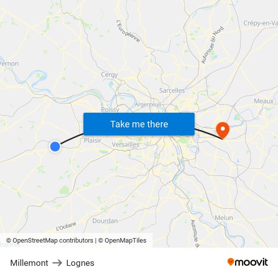 Millemont to Lognes map