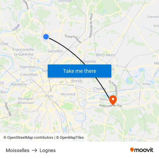 Moisselles to Lognes map