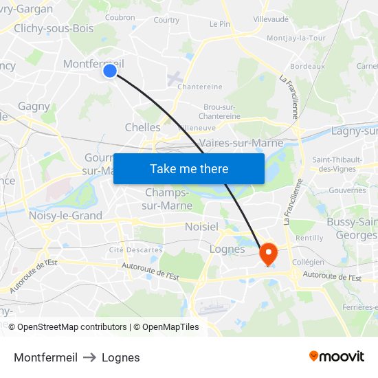Montfermeil to Lognes map