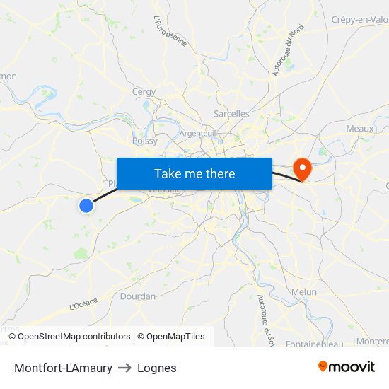 Montfort-L'Amaury to Lognes map
