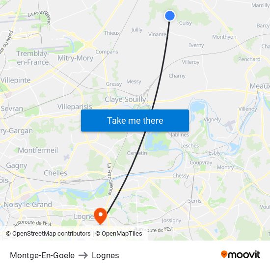 Montge-En-Goele to Lognes map