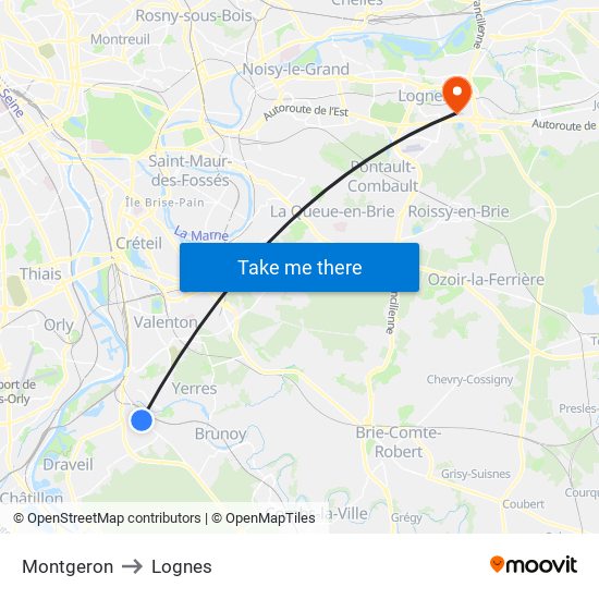 Montgeron to Lognes map