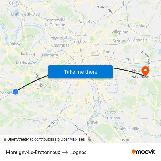Montigny-Le-Bretonneux to Lognes map