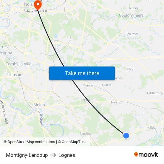Montigny-Lencoup to Lognes map