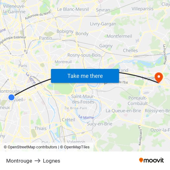 Montrouge to Lognes map